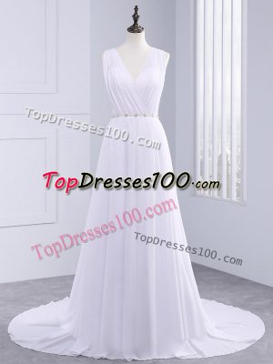 Romantic White Backless Wedding Dresses Belt Sleeveless Brush Train