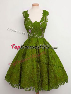 Dramatic Knee Length A-line Sleeveless Olive Green Bridesmaid Gown Lace Up