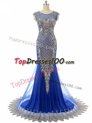 Cheap Royal Blue Mermaid Beading and Lace and Appliques Formal Dresses Side Zipper Tulle Sleeveless