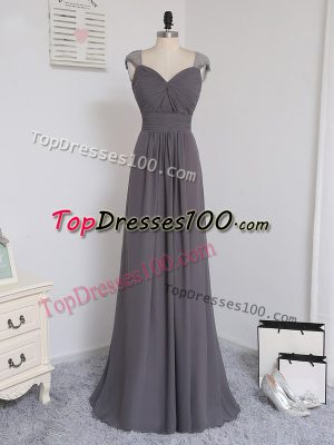 Grey Column/Sheath Lace and Ruching Bridesmaid Gown Zipper Chiffon Cap Sleeves