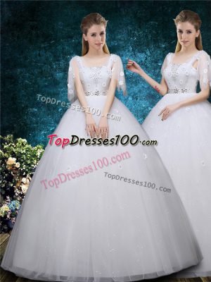 Beading and Appliques Bridal Gown White Lace Up Short Sleeves Floor Length
