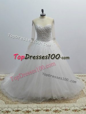 White Long Sleeves Brush Train Beading Wedding Gowns