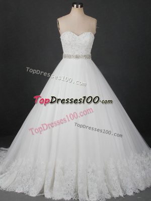 Pretty White Wedding Gowns Wedding Party with Beading and Lace Sweetheart Sleeveless Brush Train Lace Up