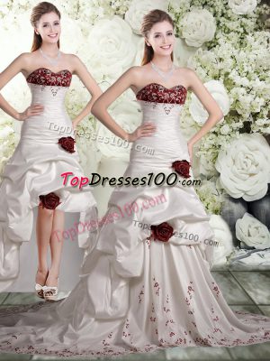White And Red Taffeta and Chiffon Backless Sweetheart Sleeveless Wedding Dress Brush Train Embroidery and Ruffles and Hand Made Flower