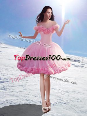 Baby Pink Tulle Lace Up Off The Shoulder Sleeveless Mini Length Prom Party Dress Hand Made Flower