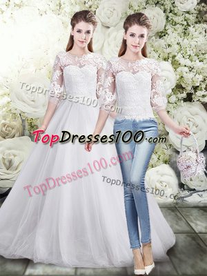 Artistic Half Sleeves Floor Length Lace Lace Up Wedding Dress with White