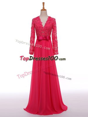 High End Hot Pink Zipper Mother of Bride Dresses Lace and Appliques and Belt Long Sleeves Floor Length