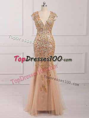 Chic Champagne Cap Sleeves Beading Backless Dress for Prom