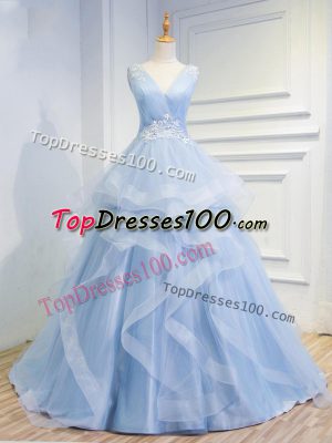 Discount Light Blue A-line V-neck Sleeveless Tulle Floor Length Brush Train Lace Up Beading and Ruffles Prom Dress
