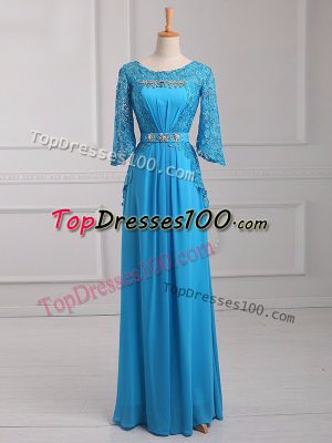 Baby Blue Mother of Groom Dress Prom and Military Ball and Beach with Beading and Lace and Belt Scoop 3 4 Length Sleeve Zipper