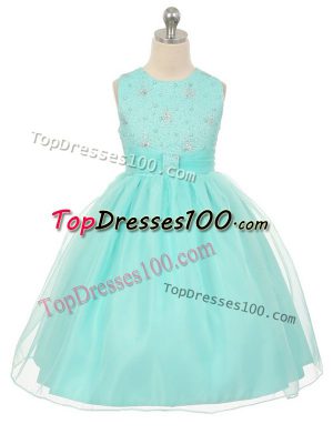 Apple Green Ball Gowns Tulle Scoop Sleeveless Beading Knee Length Lace Up Child Pageant Dress