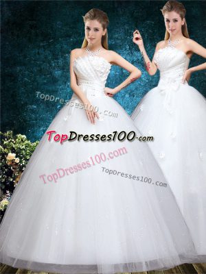Appliques and Embroidery Wedding Gowns White Lace Up Sleeveless Floor Length