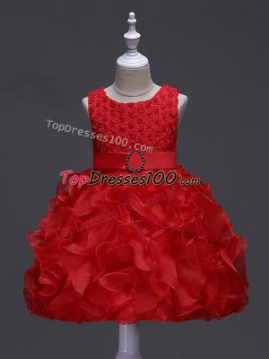 High End Organza Sleeveless Knee Length Pageant Gowns For Girls and Ruffles and Belt