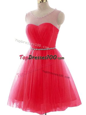 Classical Coral Red Sleeveless Beading and Ruching Mini Length Prom Gown