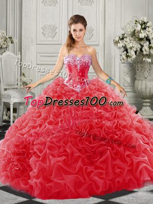 Sophisticated Red Sleeveless Beading and Ruffles Lace Up Sweet 16 Dress