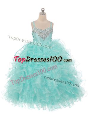 Straps Sleeveless Little Girls Pageant Dress Wholesale Floor Length Beading and Ruffles Aqua Blue Organza