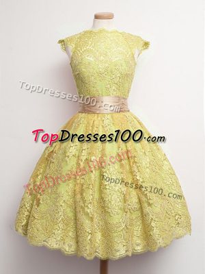 Glamorous Gold High-neck Neckline Belt Bridesmaid Dresses Cap Sleeves Lace Up