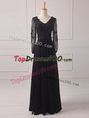 Affordable Empire Mother Dresses Black V-neck Chiffon Long Sleeves Floor Length Zipper