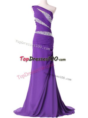 Sleeveless Brush Train Lace Up Beading and Ruching Formal Dresses