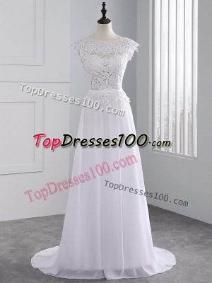 Fine White Scalloped Backless Lace Wedding Dresses Brush Train Cap Sleeves