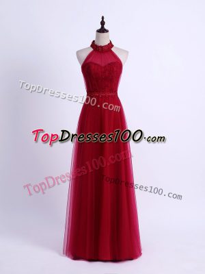 Empire Bridesmaid Dress Wine Red Halter Top Tulle Sleeveless Floor Length Lace Up