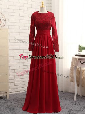 Long Sleeves Floor Length Lace and Appliques Zipper Mother of Bride Dresses with Wine Red