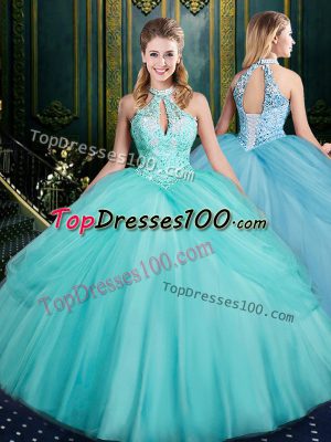 Aqua Blue Ball Gowns Halter Top Sleeveless Tulle Floor Length Lace Up Beading and Pick Ups 15th Birthday Dress