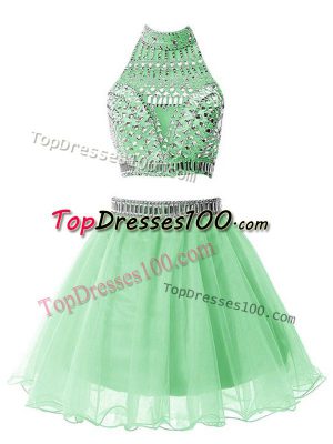 Fashionable Halter Top Sleeveless Wedding Guest Dresses Mini Length Beading Apple Green Organza