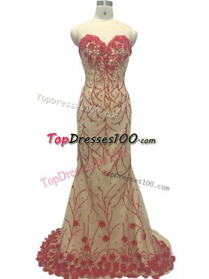 Modest Sleeveless Tulle Brush Train Zipper Red Carpet Prom Dress in Champagne with Hand Made Flower