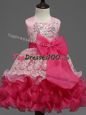 Graceful Tea Length Zipper Little Girls Pageant Dress Hot Pink for Wedding Party with Lace and Ruffled Layers and Bowknot
