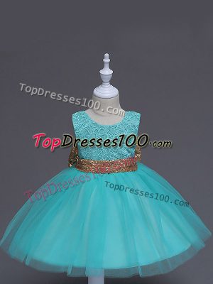 Custom Designed Lace and Bowknot Flower Girl Dresses Aqua Blue Zipper Sleeveless Knee Length