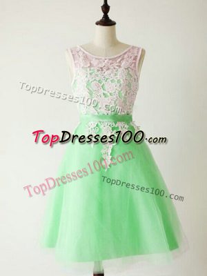 Inexpensive Apple Green A-line Lace Bridesmaid Dresses Lace Up Tulle Sleeveless Knee Length