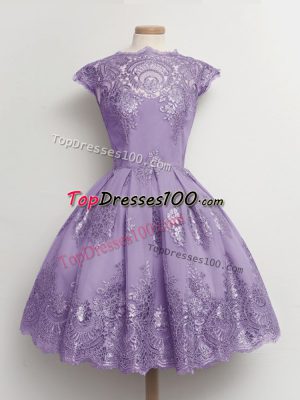 Knee Length Lavender Wedding Party Dress Lace Cap Sleeves Lace