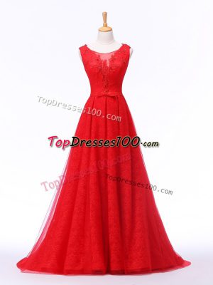 Great Lace Up Red for Prom and Military Ball and Sweet 16 with Lace and Appliques and Belt Brush Train