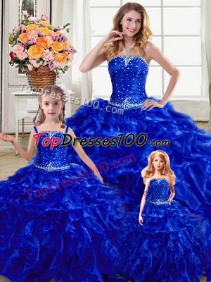 Sleeveless Organza Floor Length Lace Up Vestidos de Quinceanera in Royal Blue with Beading and Ruffles