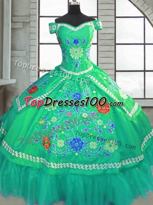 Fitting Green Short Sleeves Taffeta Lace Up Quinceanera Dresses for Military Ball and Sweet 16 and Quinceanera