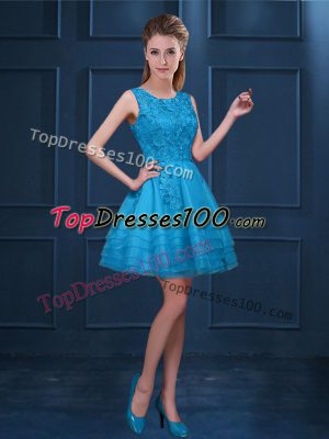 Baby Blue Scoop Neckline Lace and Ruffled Layers Bridesmaid Dress Sleeveless Zipper