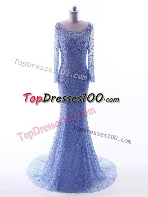 Blue Backless Scoop Sequins Homecoming Dress Tulle Long Sleeves Brush Train