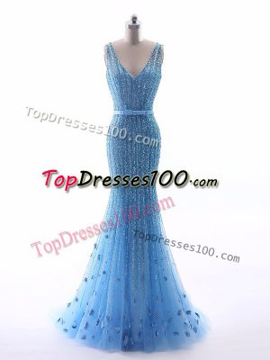 Baby Blue Sleeveless Floor Length Beading and Belt and Hand Made Flower Zipper Evening Outfits