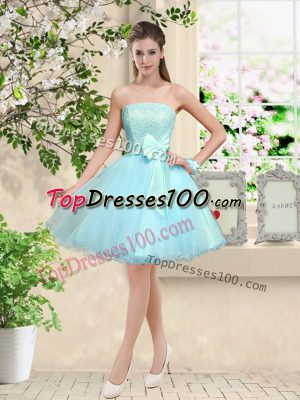 Pretty Sleeveless Knee Length Lace and Belt Lace Up Wedding Guest Dresses with Aqua Blue