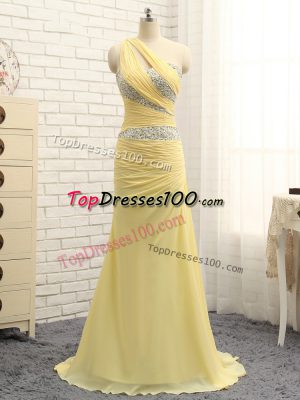 Floor Length Yellow Chiffon Brush Train Sleeveless Beading and Ruching