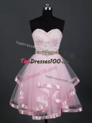 Fashion Mini Length Baby Pink Dama Dress for Quinceanera Tulle Sleeveless Beading and Lace and Ruffles