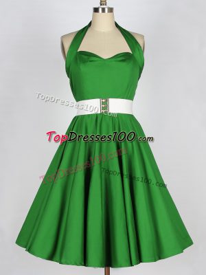 A-line Halter Top Sleeveless Taffeta Knee Length Lace Up Belt Wedding Guest Dresses