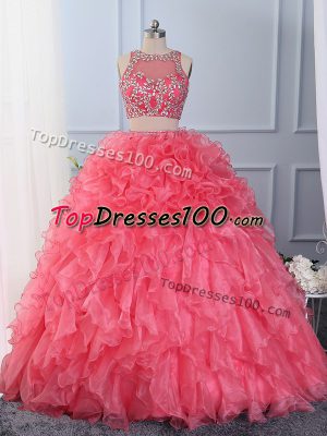Free and Easy Sleeveless Organza Floor Length Lace Up Quinceanera Gowns in Hot Pink with Beading and Ruffles