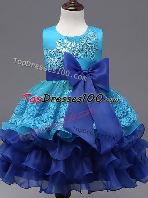 Fantastic Sleeveless Organza Tea Length Zipper Pageant Gowns For Girls in Royal Blue with Lace and Ruffled Layers and Bowknot