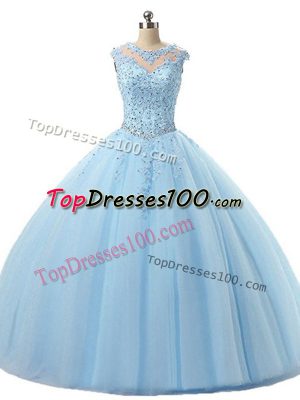 Sweet Floor Length Light Blue Sweet 16 Dresses Scoop Sleeveless Lace Up