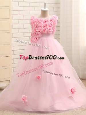 Baby Pink A-line Tulle Scoop Sleeveless Hand Made Flower Zipper Kids Formal Wear Brush Train
