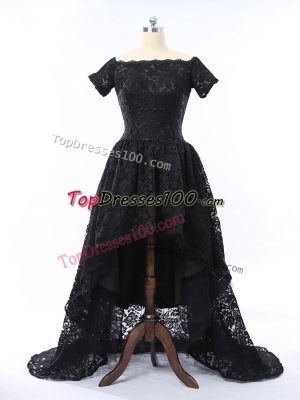 Edgy Lace Prom Dresses Black Zipper Short Sleeves High Low