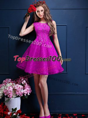 Bateau Sleeveless Lace Up Bridesmaids Dress Fuchsia Tulle