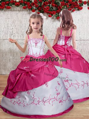Hot Pink Little Girls Pageant Dress Party and Quinceanera with Embroidery Straps Sleeveless Lace Up